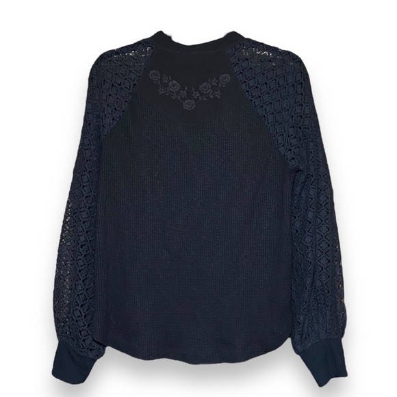 Free People Sweetest Thing Thermal Top Lace Sleeves Black Small Embroidered - Picture 4 of 8